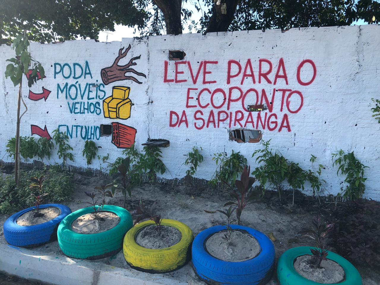 quatro pneus em calçadas com areias e mudas dentro e muro com grafite ao fundo com frase 'leve o lixro para o ecoponto da sapiranga'