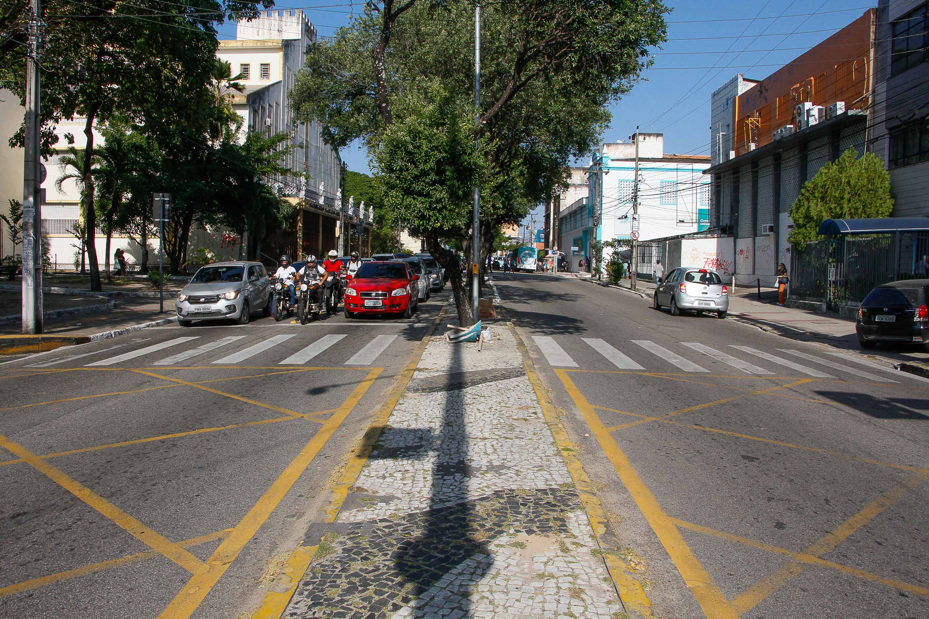 Avenida com canteiro central e carros circulando