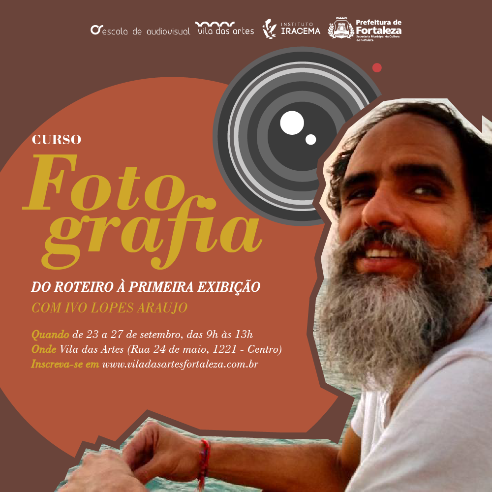 O ministrante do curso, Ivo Lopes Araujo, de perfil com sua longa barba esbranquiçada; ao fundo, a imagem de uma lente de câmera fotográfica. Abaixo da lente, o texto diz 