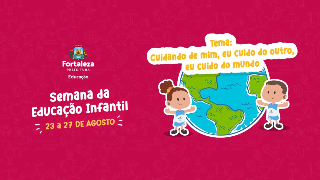 Identidade da Semana da Educação Infantil com crianças abraçando o globo, o tema e o brasão 