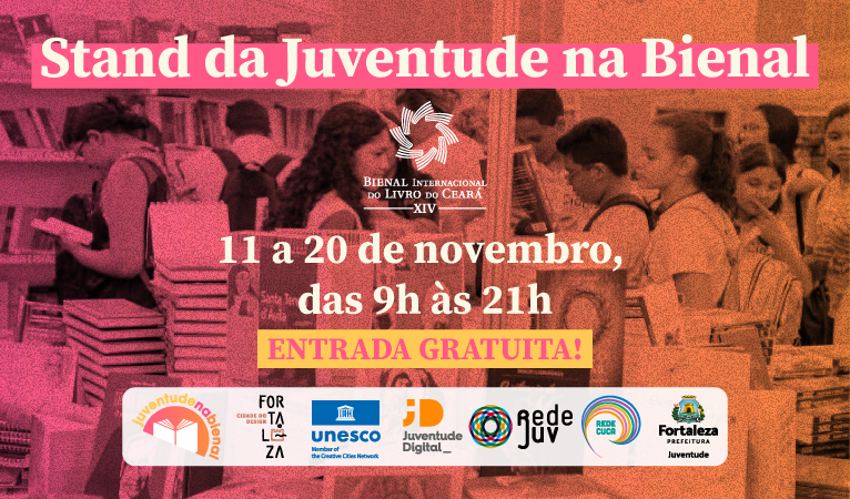 Banner sobre o stand da juventude na Bienal do Livro