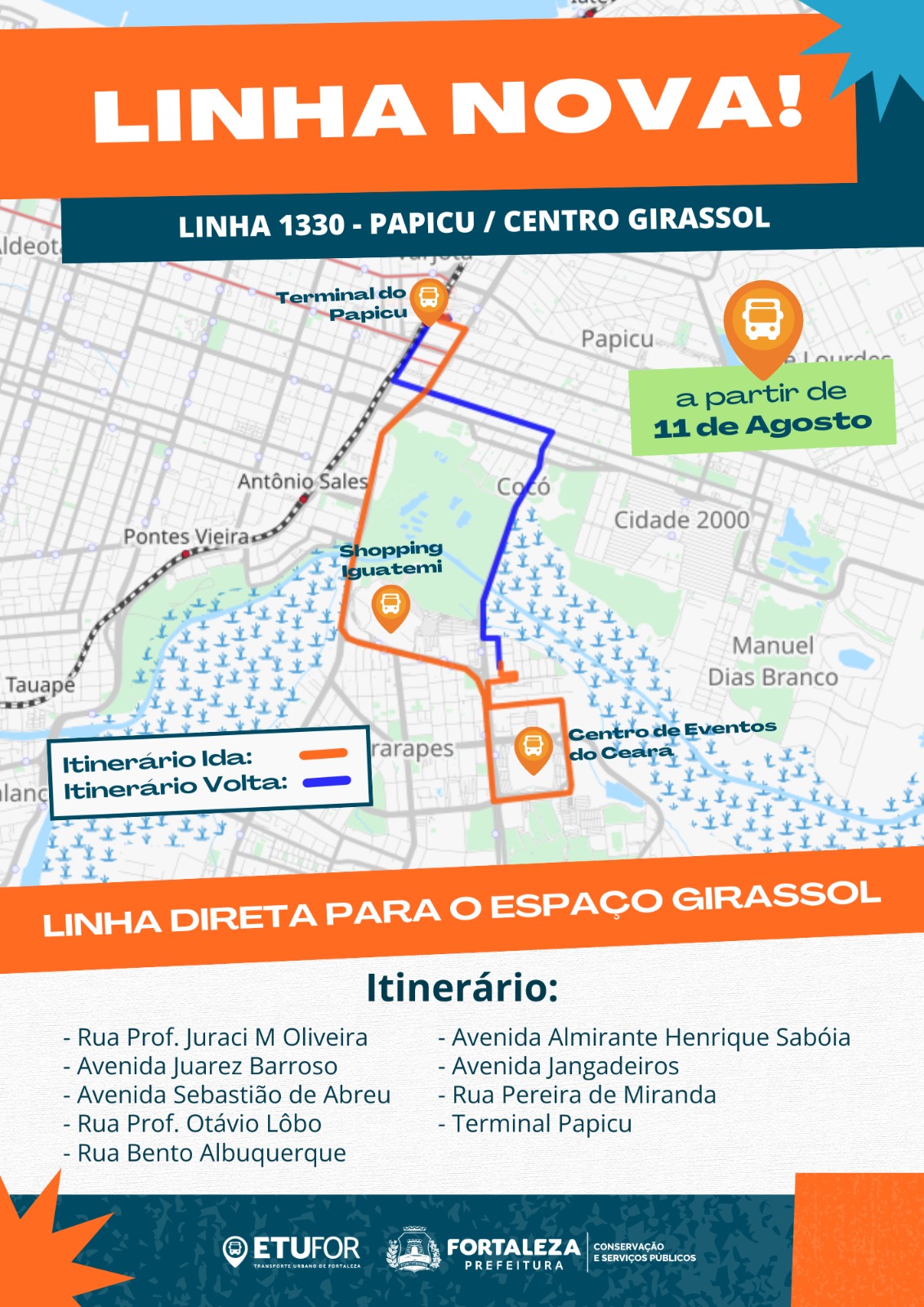 mapa do itinerario da nova linha