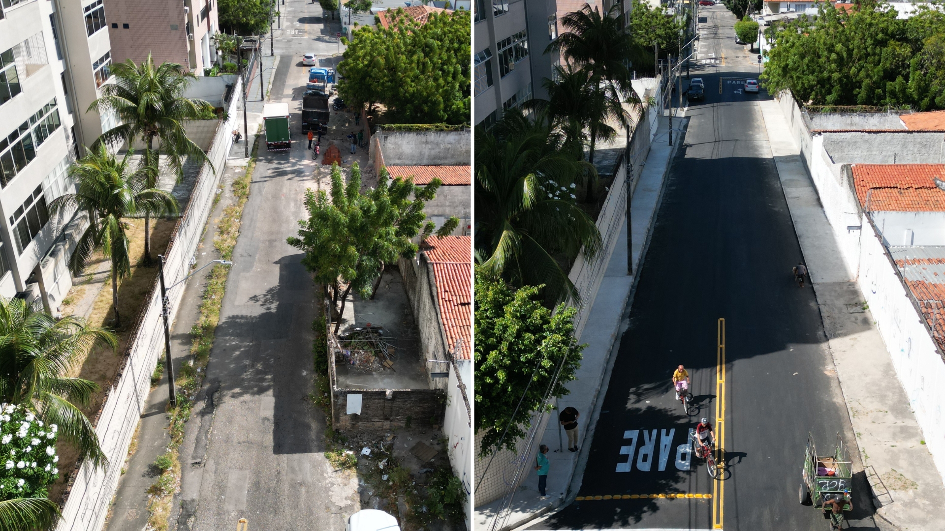 Imagens aéreas mostram o antes e depois de uma ação que demoliu um muro construído de forma irregular na via pública