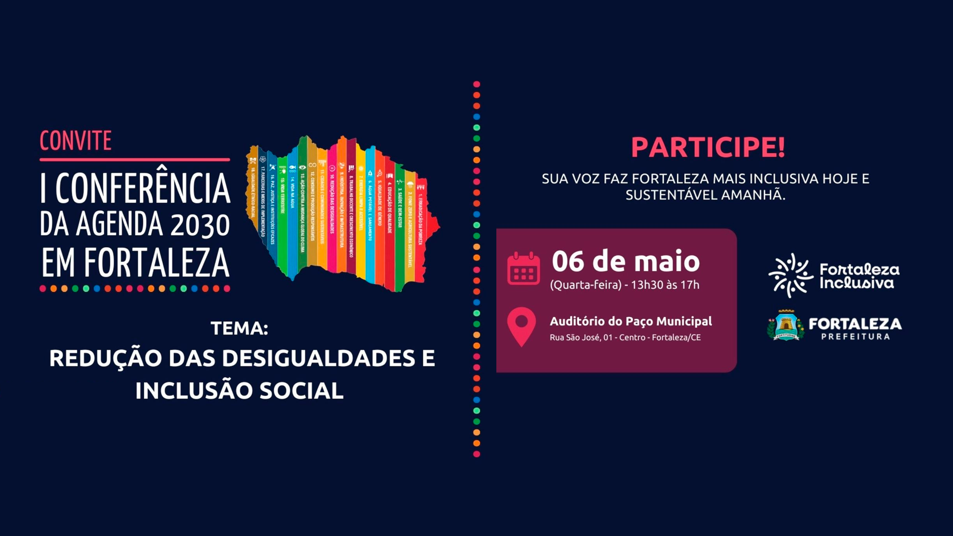 O card mostra as informações do evento, que constam no texto. Ele é azul com letras e detalhes em cor